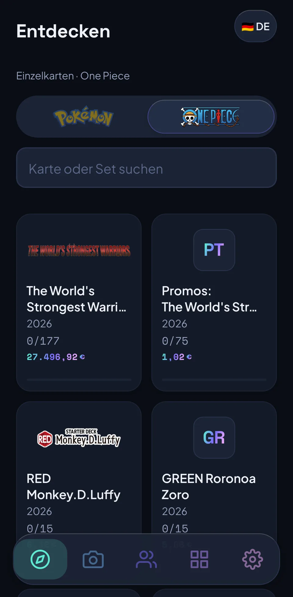 Entdecken in der CardFolio-App mit dem Umschalter Pokémon und One Piece, One Piece gewählt: Sets wie The World's Strongest Warriors mit 177 Karten und das Starter Deck RED Monkey.D.Luffy mit 15 Karten.