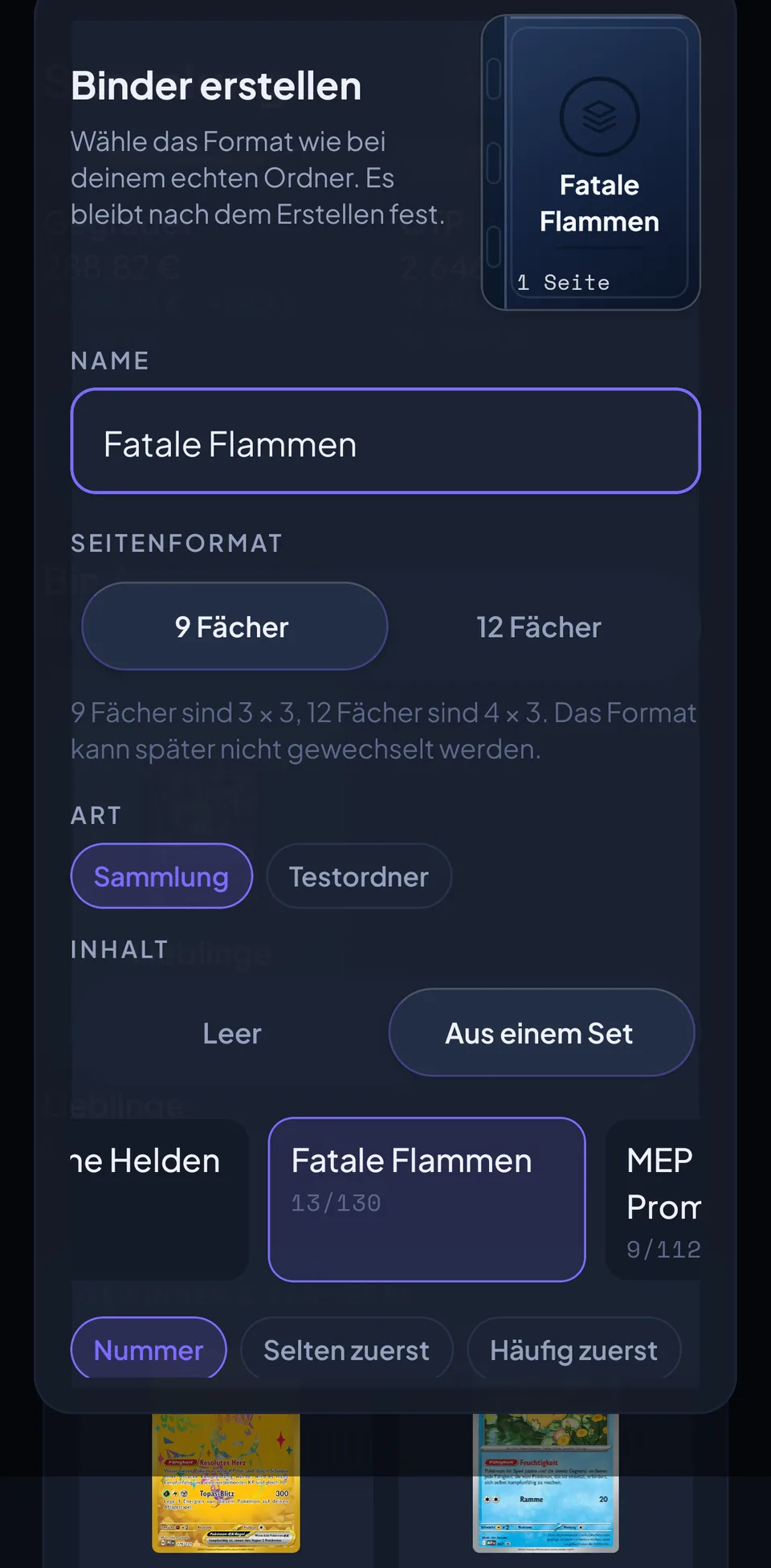 Der Bogen „Binder erstellen“: Name Fatale Flammen, 9 Fächer je Seite, Art Sammlung oder Testordner, Inhalt aus einem Set mit 13 von 130 Karten.