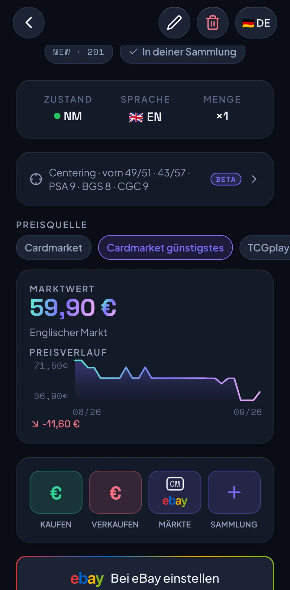 Vista de carta de un Simsala-ex (Alakazam ex), estado NM, idioma inglés: una medición de Centering con el distintivo BETA, fuente del precio Near Mint, valor de mercado de 59,90 euros en el mercado inglés y el historial de precios.