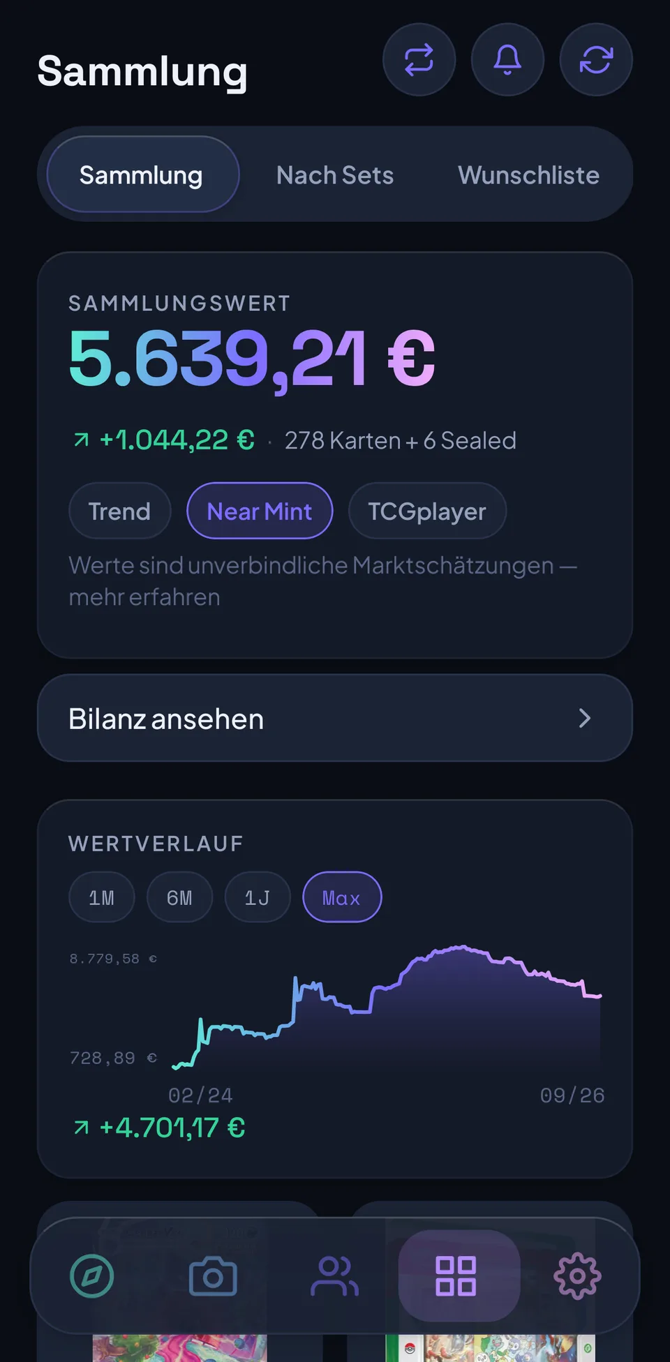 Die CardFolio-App zeigt eine Sammlung mit 5.639,21 Euro Sammlungswert, 278 Karten und 6 Sealed-Produkten, darunter den Wertverlauf als Kurve.