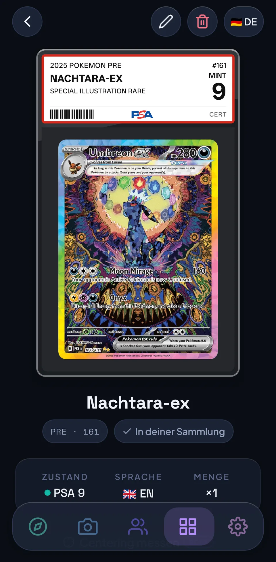 Kartenansicht einer Nachtara-ex im PSA-Slab: das Label mit Note 9 Mint, darunter Zustand PSA 9, Sprache Englisch, Menge 1.