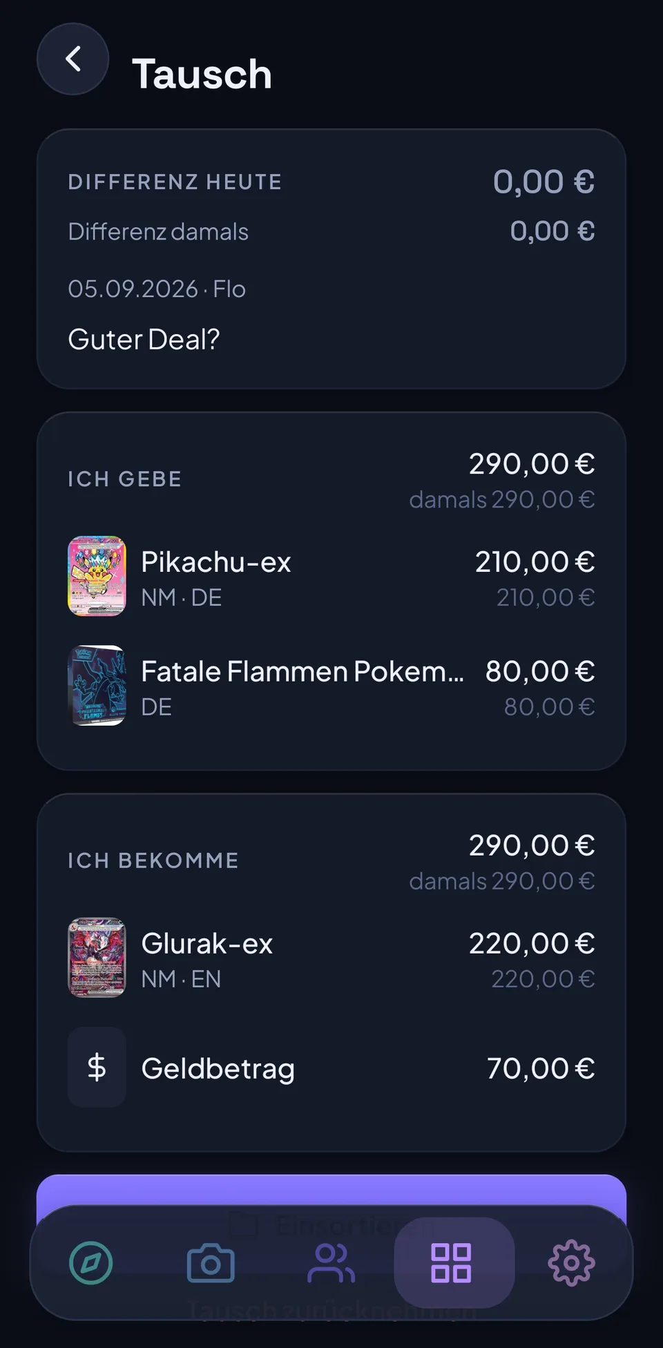 Tausch-Übersicht: Ich gebe Pikachu-ex und ein Sealed-Produkt für 290,00 Euro, ich bekomme Glurak-ex für 220,00 Euro plus 70,00 Euro Geldbetrag, Differenz 0,00 Euro.